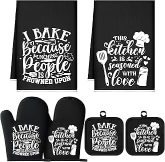 Sratte 6 Pcs Kitchen Decor Accessories Set Farmhouse Towels Pot Holders Oven Mitts Set 2 Dish Towels 2 Potholders 2 Cooking Mittens Oven Glove for Christmas Baking Cooking Supply(Black,Baking)