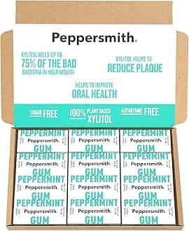 British Peppermint Chewing Gum - Vegan Friendly - 100% Xylitol Plant Based Sweetener - Fresh Breath - Sugar Free Gum - Benefits Oral Health - Pocket Packs - 12x15g