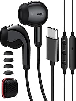 iMangoo Wired Headphones USB C for Apple iPhone 17 Air 16 Pro Max 15 Android,All Day Ready Corded Earphones with Noise Isolating Microphone for Gym Workout Home Office Travel Type C Earbuds Black