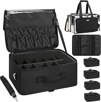 RelavelExtra Large Makeup Case and Clear Makeup Bag, Professional Cosmetic Storage Organizer Box Brush Holder with 4 Clear Set Bags & Lipstick Plate for Makeup Artists with Adjustable Dividers