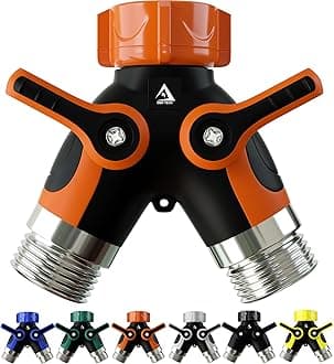 DBR Tech® Hose Splitter 2 Way, Heavy Duty Metal Connector, Two Way Garden Hose Splitter, High Flow Spigot Faucet Bib Adapter, Solid Double Y Shut Off Valve for Outdoor Gardening Hoses, Orange