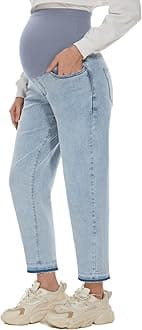 POSHGLAM Women's Maternity Boyfriend Jeans Over Belly Stretch Denim Pants Loose Casual Raw Hem Jeans with Pockets for Everyday Wear(Ombre Hem Light Blue 26'', X-Large)