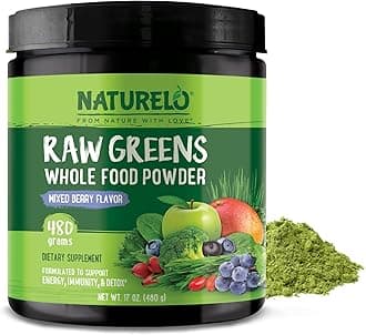 NATURELO Raw Greens Superfood Powder - Mixed Berry Flavor - Boost Energy, Detox, Enhance Health - Organic Spirulina - Wheat Grass - Whole Food Nutrition from Fruits & Vegetables - 480 Grams