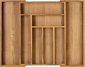 VaeFae Teak Drawer Organizer, Large Silverware Organizer, Expandable Utensil Organizer for Kitchen Drawer, Wooden Cutlery Tray Drawer Dividers Organizer