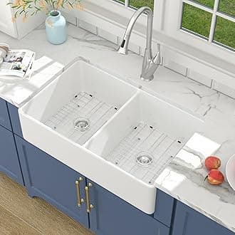 Lordear 32 White Double Bowl Kitchen Sink 32 Inch Farmhouse Kitchen Sink Double Bowl 50/50 White Fireclay Ceramic Porcelain Apron Front Farm Double Basin20"D x 32"W x 9"H