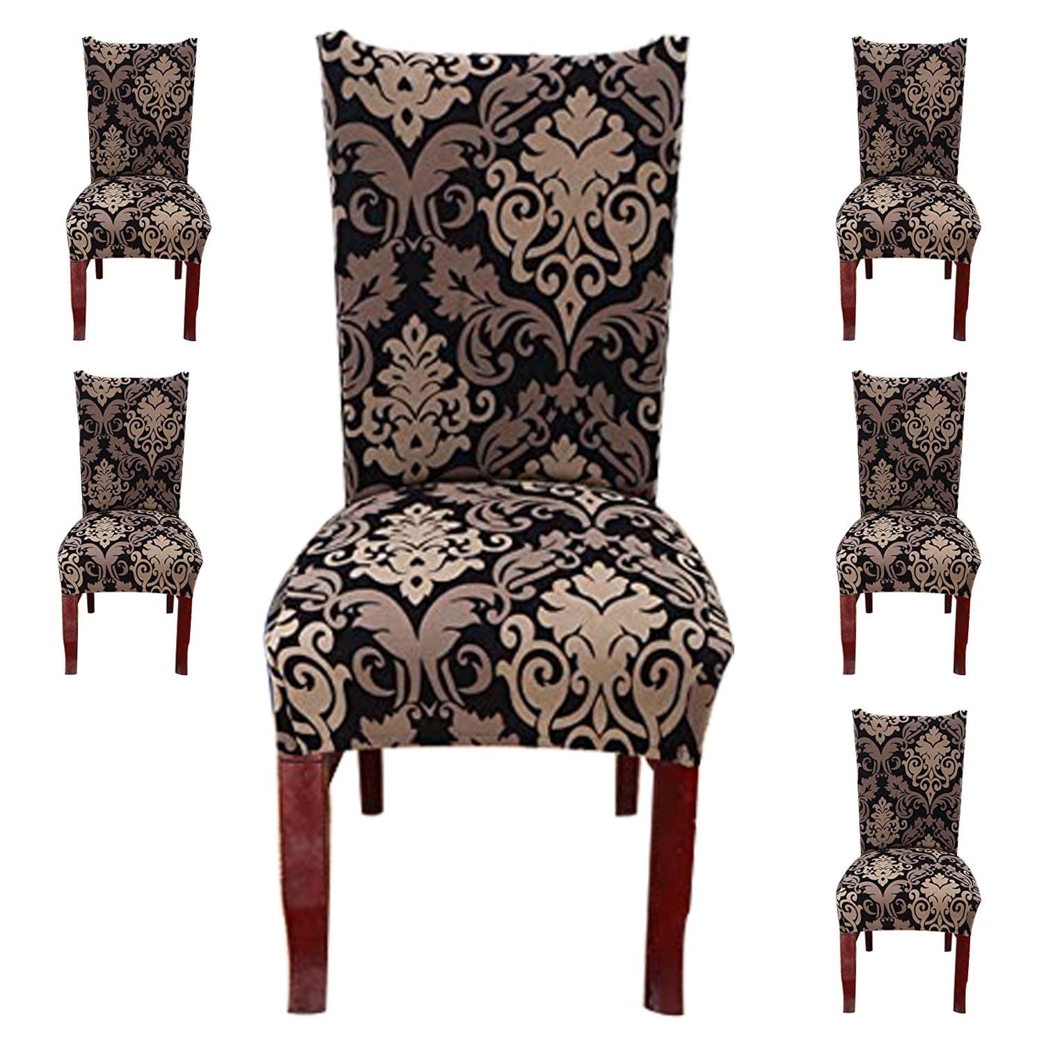 Styleys Polyester Polyester Blend Stretchable Printed Washable Elastic Dining Chair Covers (SLMC123 Royal Black/Gold, Large) - Set of 6