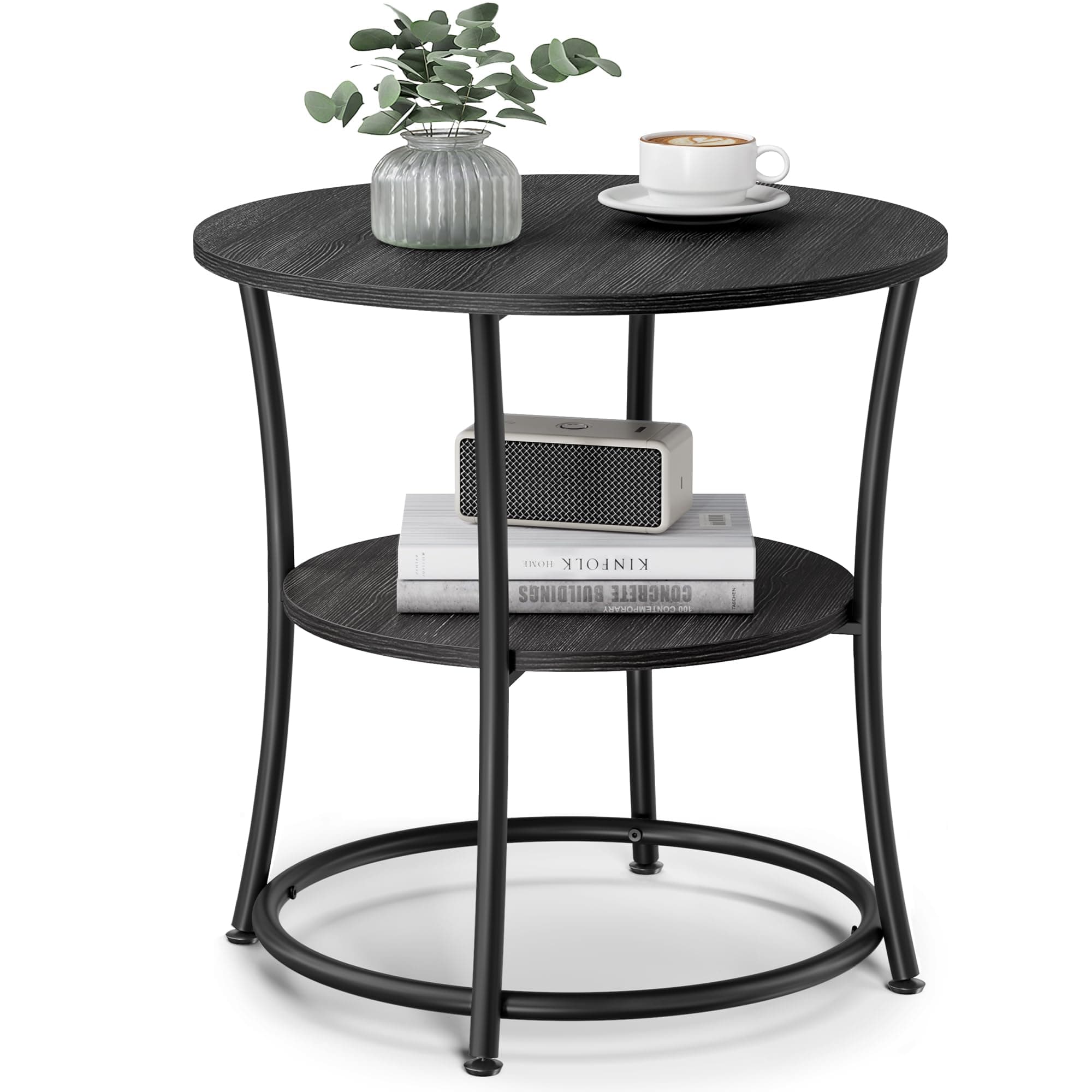 VASAGLE 21.7-Inch Round Side Table, 2-Tier End Table, Nightstand with Steel Frame, Spacious Top, for Small Spaces, Living Room, Bedroom, Charcoal Gray and Ink Black ULET056B22