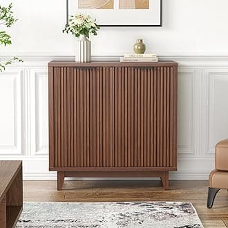 Fluted Cabinet with Storage, 2 Doors Sideboard Buffet, Mid Century Modern Accent Cabinet with Adjustable Shelves, Multifunctional Console Table with Storage for Living Room, Kitchen, Entryway
