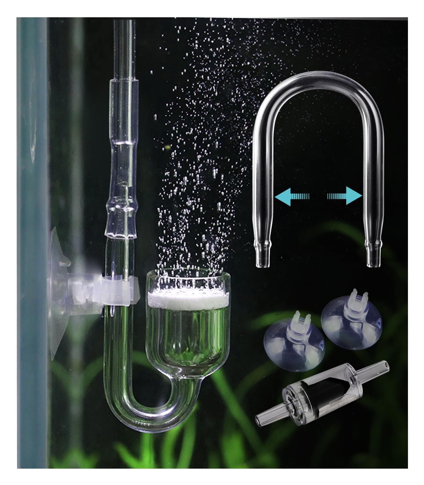 Aquarium Glass CO2 Diffuser Atomizer with U Tube Check Valve Suction Cup Premium Version