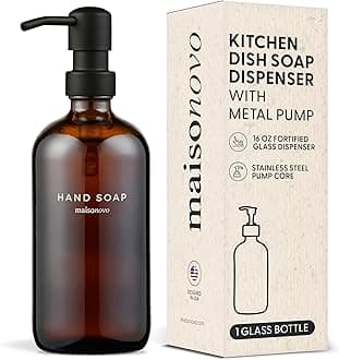 Glass Hand Soap Dispenser Bathroom - 500 ml Amber Bottle with Black Pump x 1, Waterproof Labels