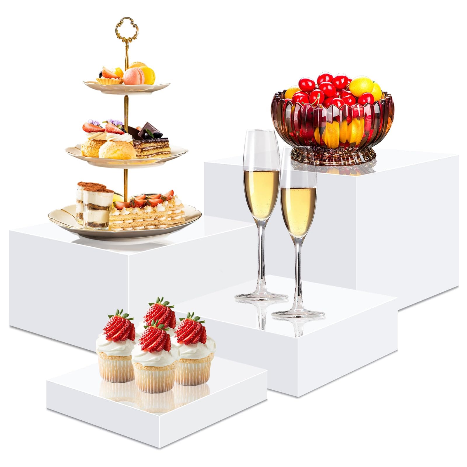 BINBE 4 Pcs Acrylic Risers for Display White Risers Buffet Risers Dessert Display Stand Hollow Bottoms 4 Different Size Cube Acrylic Product Display Risers for Party Decor