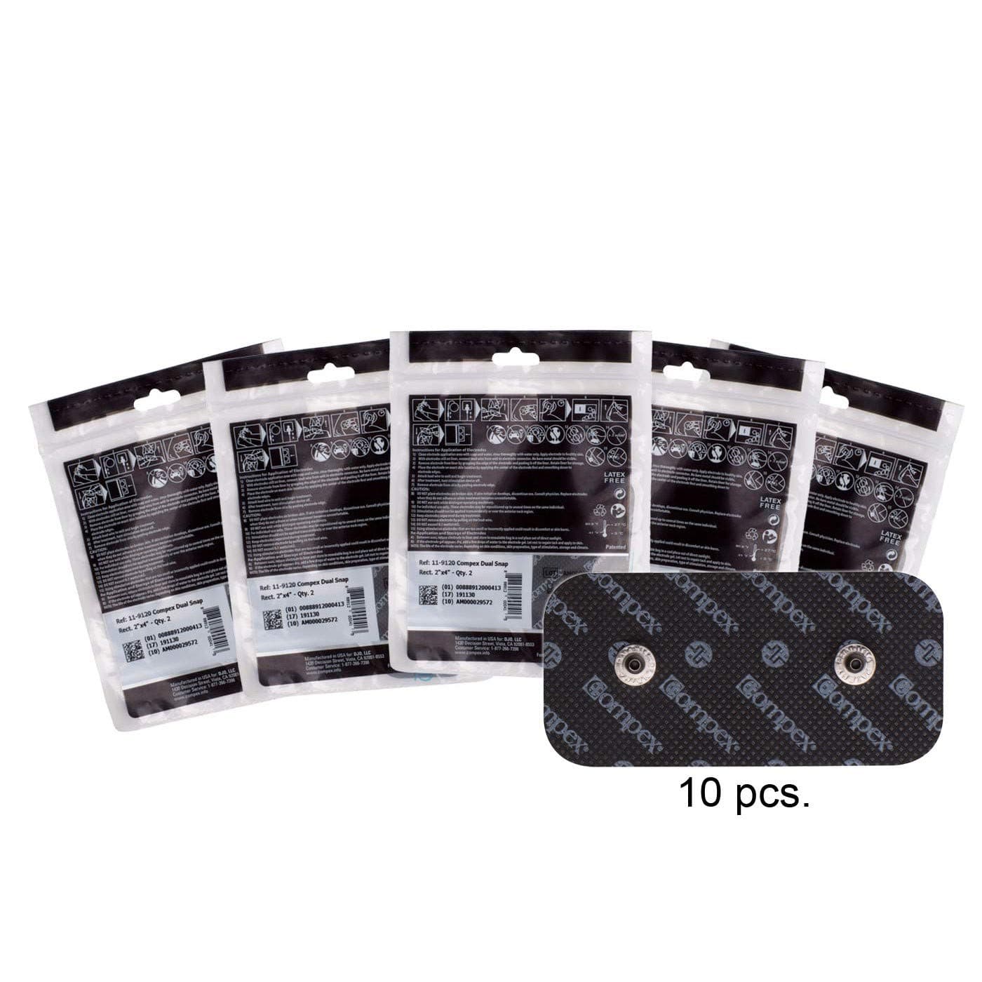 Compex Easy Snap Electrodes 2in x 4in for Edge, Performance, Sport Elite, Wireless Muscle Stimulators - 5 Pack (10 Electrodes) - Black