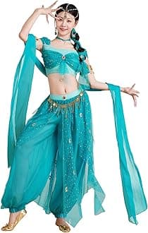 ELLYDOOR Arabian Jasmine Costume for Women Princess Dress Up Halloween Belly Dance Top Pants 4 Piece Outfit