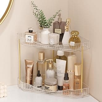 Lifewit Perfume Organiser, Bathroom Countertop Storage, Plastic Makeup Skincare Organiser, Vanity Trays Counter Shelf, Corner Shower Caddy, Corner Storage in Dresser, Bedroom, Kitchen, 2-Tier, Clear