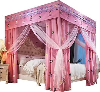 Bed Curtain Four Poster Bed Canopy Mosquito Net Double Layer Princess Blackout Curtains Canopy with Frame 18 - Hole Mesh Design Exquisite Bedroom Decoration (pink,200 * 220 * 200)