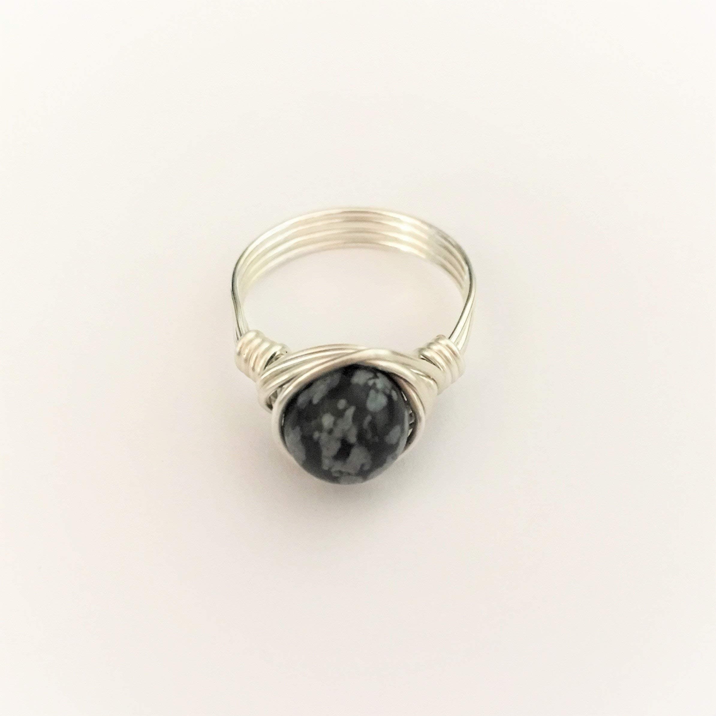 Snowflake Obsidian Gemstone Silver Wire Wrap Ring