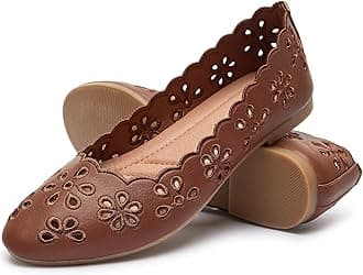 Women's Ballet Flats Black PU Leather Dress Shoes Comfortable Round Toe Slip on Flats with Breathable Eyelets