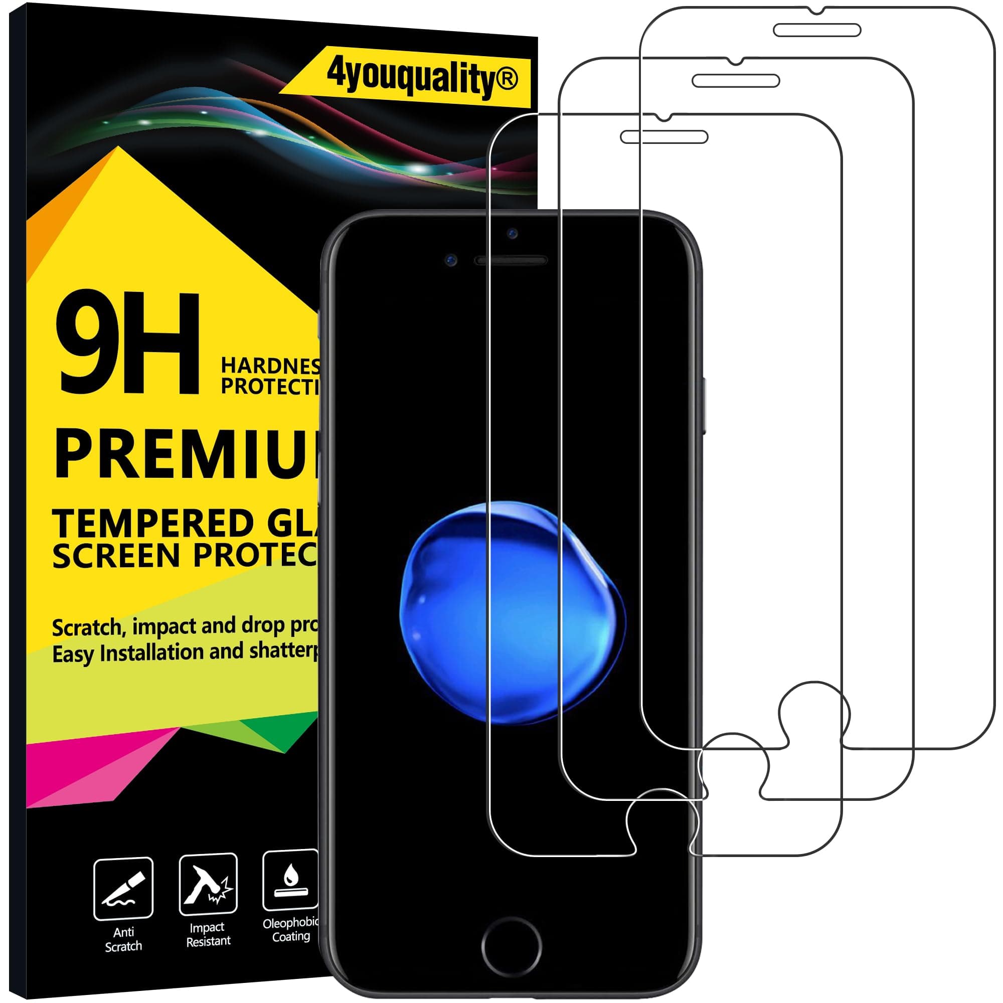 4youquality [3-Pack Screen Protector for iPhone 7 and iPhone 8, Premium Tempered Glass Film [Scratch-Resistant][Anti-Shatter]
