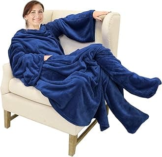Wearable Fleece Blanket with Sleeves and Foot Pockets for Adult Women Men, Micro Plush Comfy Wrap Sleeved Throw Blanket Robe Large, Gift for Her