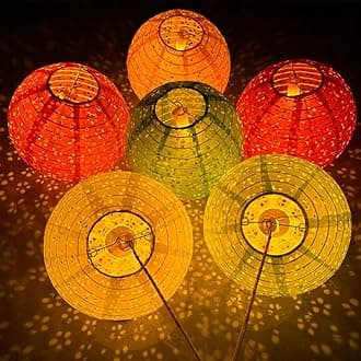 12Pcs Chinese Lunar New Year Decorations 2026 Chinese Paper Lanterns Decorative Japanese Hanging Paper Lantern with LED Lights Tassel Stick 8inch Round for Spring Festival Asian Party Home Decor