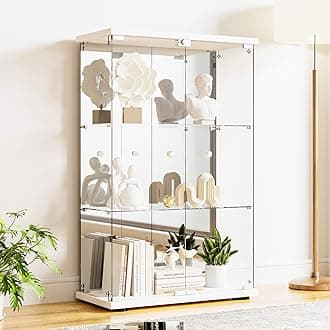 Glass Display Cabinet 3-Shelf with Door, Lock and Mirror,5mm Tempered Glass Floor-to-Ceiling Glass Bookcase for Bedroom, Living Room, White