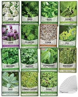 Gardeners Basics, 15 Herb Seeds for Planting Varieties Heirloom Non-GMO 5200+ Seeds Indoors, Hydroponics, Outdoors - Basil, Catnip, Chive, Cilantro, Oregano, Parsley, Peppermint, Rosemary and More