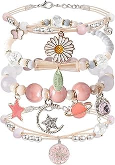 DS 4PCS Beaded Charm Bracelets for Teen Girls Dainty cute cartoon Crystal Beads Pearl Bracelets anklets set for woman and girls Adjustable Stretch bracelet birthday Gift For Friends