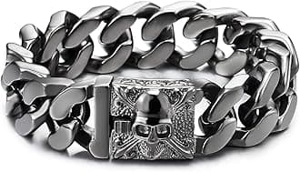 Mens Large Vintage Brushed Finishing Steel Curb Chain Bracelet with Fleur De Lis and Skull