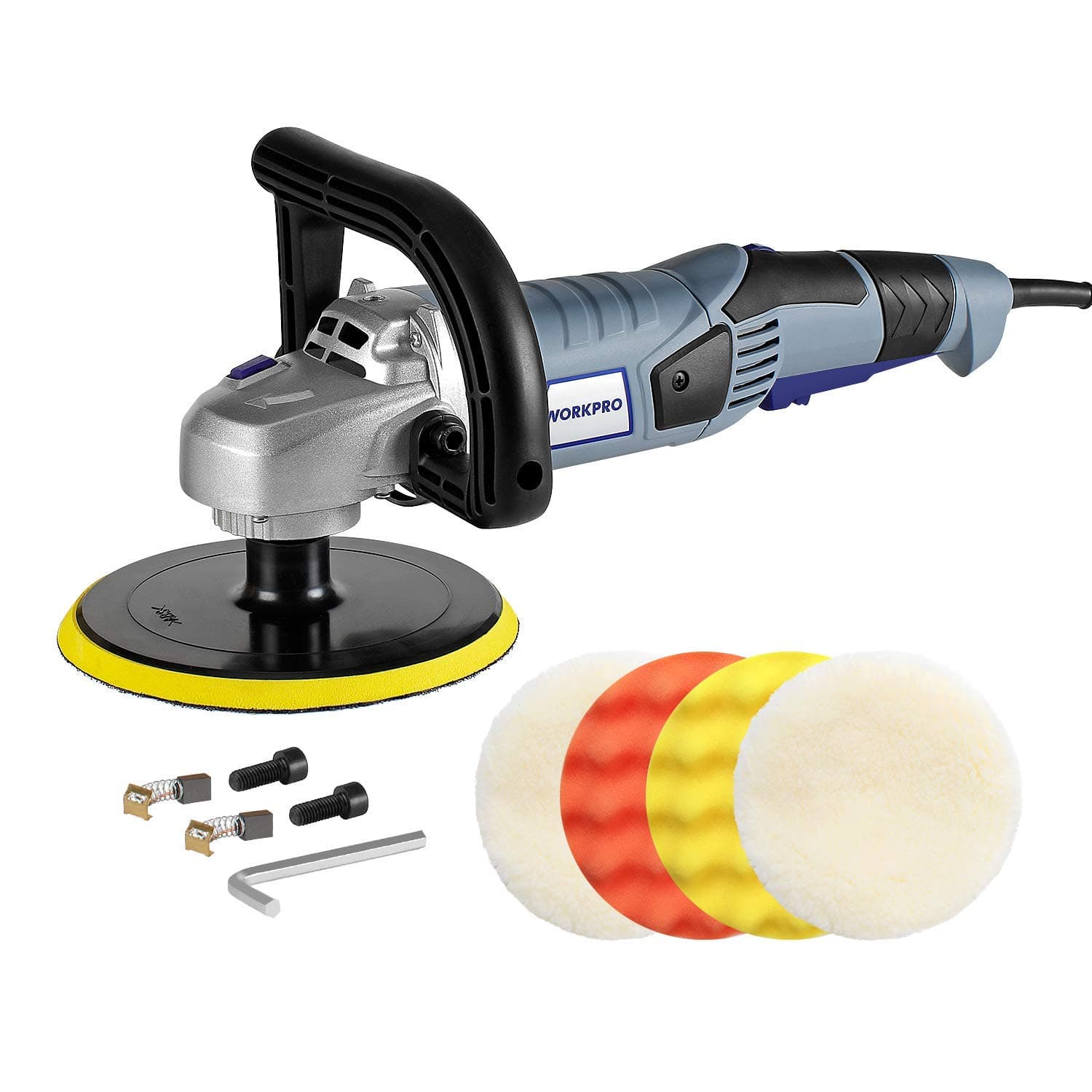 WORKPRO Car Polisher - 7-inch Variable Speed Buffer Waxer with 4 Buffing and Polishing Pads, Detachable Handle, Ideal for Car Sanding, Polishing, Waxing, Sealing Glaze