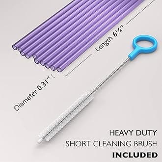 10 Short Reusable Hard Purple Plastic Drinking Straws, Medium Width + Sturdy Cleaning Brush - for Cocktails, Small Cups, Kids Drinks - Dishwasher Safe BPA Free