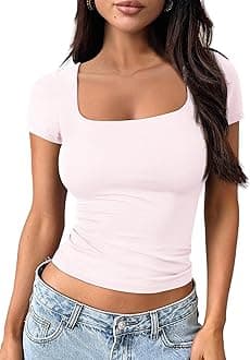 Trendy Queen Short Sleeve Shirts for Women Double Lined Square Neck Cute Going Out Crop Tops Spring Summer Teens Basic Tees