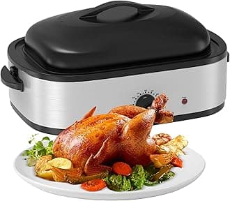 14 Quart Roaster Oven with Self-Basting Lid, Turkey Defrost & Warm Function, Turkey Roasting Pan with Removable Roasting Rack, Adjustable Temperature for Use as a Slow Cooker, Stainless Steel, Silver