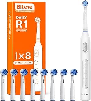 R1 Rotating Electric Toothbrush for Adults and Kids with 60-Day Battery Life, 8 Brush Heads Rechargeable Power Toothbrush, 5 Modes, Brushing Timer, White