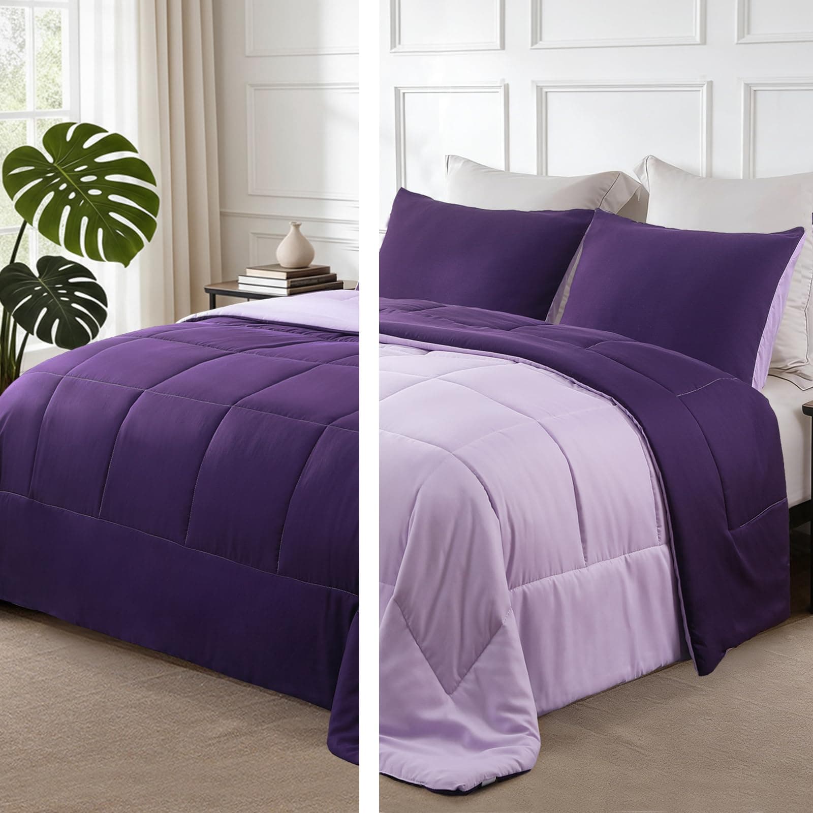 Exclusivo Mezcla Lightweight Reversible Queen Size Comforter Set, Down Alternative Comforter with 2 Pillow Sham, Queen Size Bedding Set for All Seasons, Deep Purple/Lilac