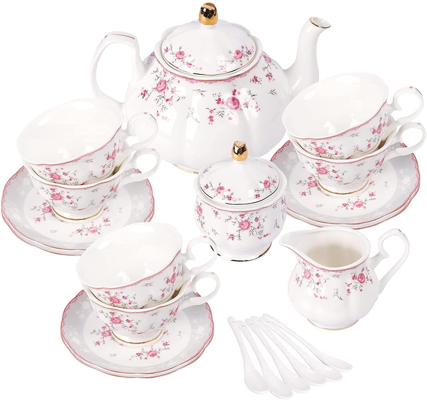 fanquare 21 Pieces Pink Rose Porcelain Tea Set with Spoons, Coffee Cup and Saucer Set for 6, Afternoon Tea Party Service for Adults
