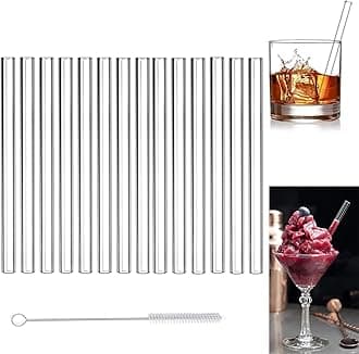 15 Pack Short Glass Straws Shatter Resistant 6 Inch 8mm - Clear Straight Glass Drinking Straws for Cocktails, Beverages & Iced Coffee - Eco-Friendly, BPA Free
