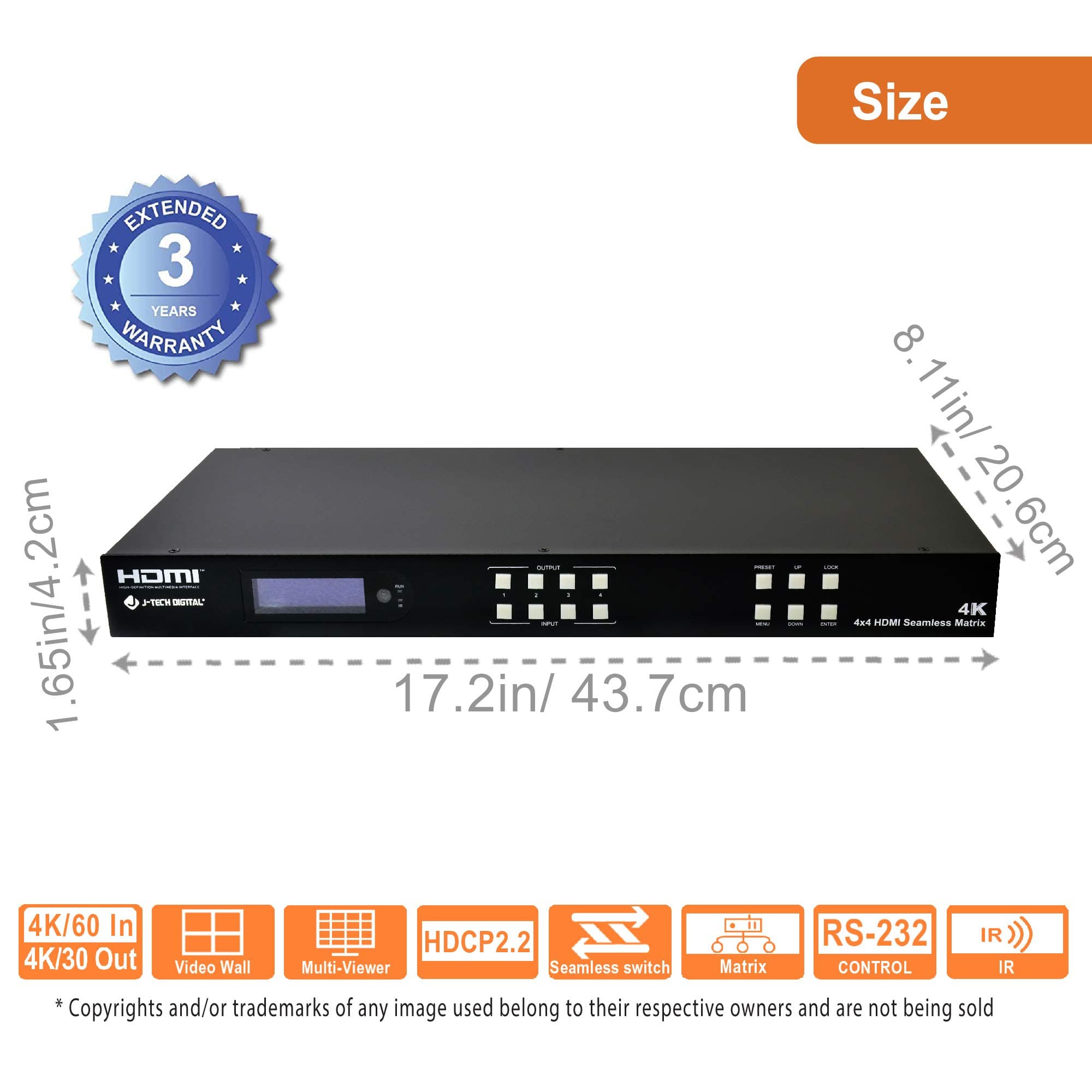 J-Tech Digital 4k 2X2 Video Wall Controller Multiviewer Seamless Matrix 4K@60Hz Input 4K30Hz Output HDCP 2.2 [JTECH-VWM04]