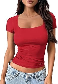 Trendy Queen Womens Square Neck Going Out Crop Tops Short Sleeve T Shirts Summer Cute Clothes Basics Tees
