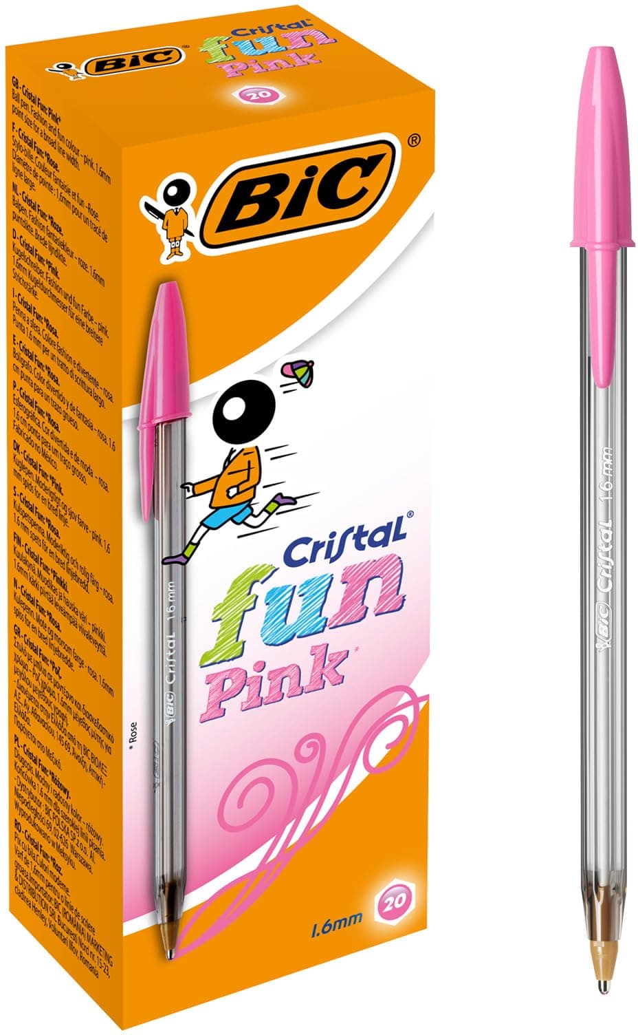BIC Cristal Fun Ballpoint Pens, Pink Ink Smudge-Proof Writing Pens and Wide Point (1.6mm), Pack of 20