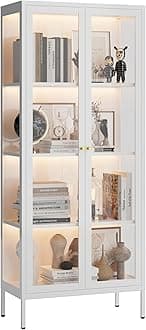 UNICOLY Display Cabinet with Glass Doors, Glass Display Cabinet with 3 Color LED Lights, Curio Display Cabinet with 3 Shelves for Living Room & Plant, Display Shelf, Assembly Required, White