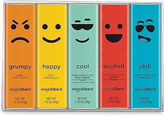 Astor Chocolate MoodiBars 5 Variety Gift Box | Assorted Milk & Dark Chocolate Bars, Sea Salt, Milk Toffee, Mint Cream Gourmet Bar Snack Set | Emoji Mood Faces Gifts | Belgian Chocolate Celebration Box Sampler | Individually Wrapped Candy Basket
