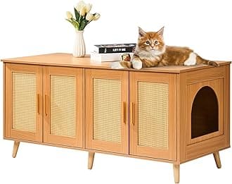 VEVOR Cat Litter Box Enclosure for 2 Cats, Litter Box Furniture Hidden with Rattan Decorated Doors, Wooden Cat Box Cabinet Fit Most of Litter Box, 47.2" L x 19.7" W x 21.7" H, Natural