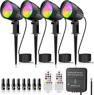 ZZXX 15W RGBW Low Voltage Landscape Lighting Color Changing Spotlight Outdoor IP66 Waterproof LED Landscape Light Photocell Sensor with Remote Control for House Garden Yard Tree (AC/DC 12V-24V,4 Pack)