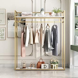 Heavy Duty Gold Clothing Rack with Shelves for Hanging Clothing, Gold Metal Freestanding Garment Rack for Retail Display (59" L)
