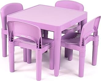 Kids Plastic Table and 4 Chairs Set, Purple Square Table with Lightweight Chairs, Toddler Playroom Activity Furniture for Ages 3-6, Easy Snap-Together Assembly