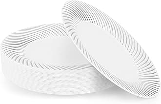 MATANA 40 Premium White Plastic Dessert Plates with Silver Rim (18cm / 7 Inch) – Elegant & Reusable – Small Side Plates for Starters, Weddings, Birthdays, BBQ & Parties