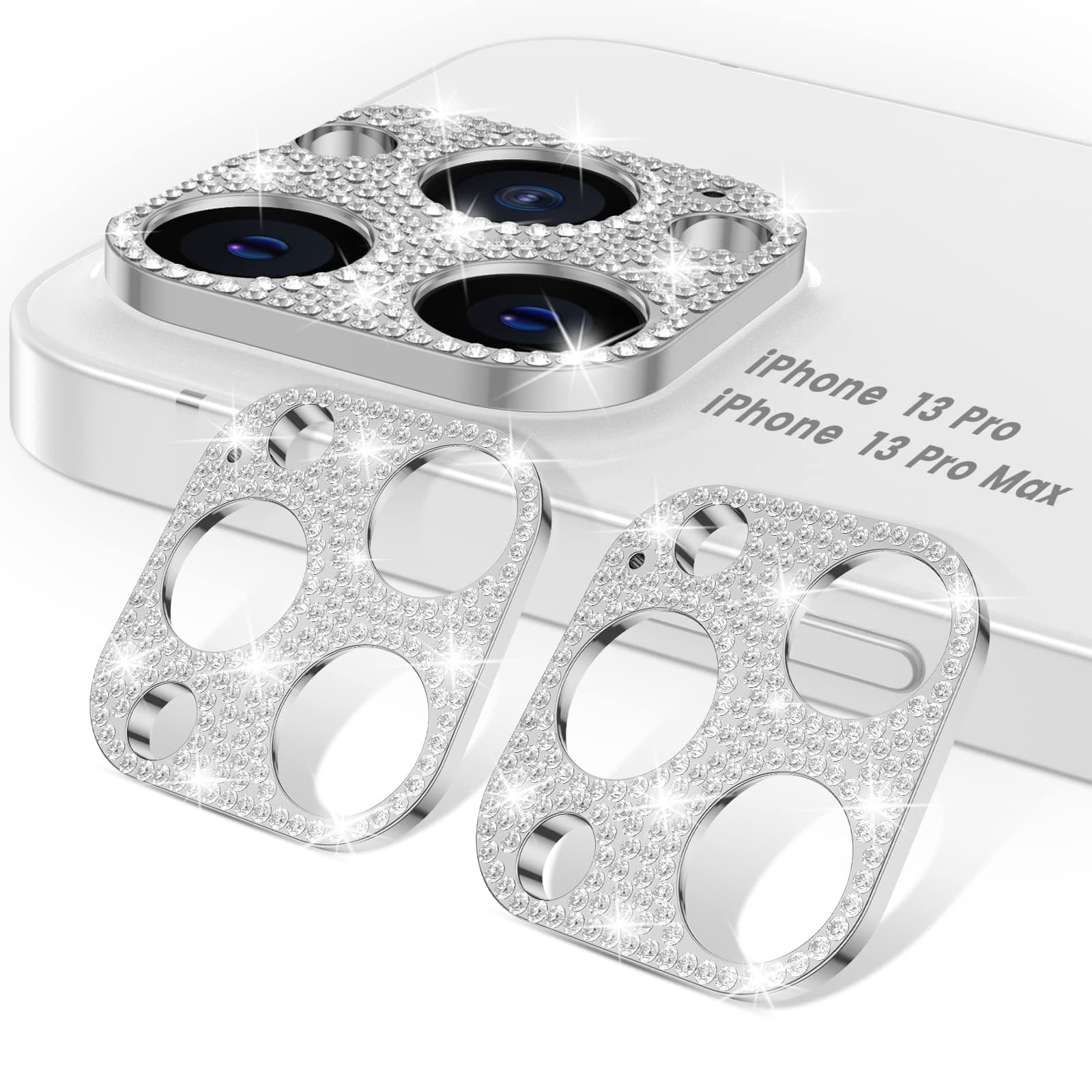 Goton [2 Pack] Bling Camera Lens Protector Compatible with iPhone 13 Pro Max & 13 Pro Glitter Diamond Metal Lens Protective Decoration Cover Accessories for 13 Pro / 13 Pro Max Silver+Silver