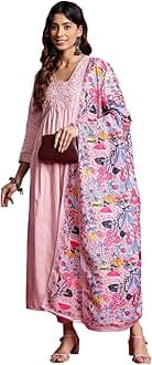 Womanista Women's Cotton Blend Floral Yoke Design Pleated Thread Work Kurta Trouser With Dupatta Set (Kurtaset_1214)