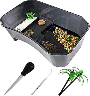 PINVNBY Plastic Turtle Tank Reptile Habitat Pet Terrariums Turtles Tank Aquarium Terrapin Topper Basking with Platform Plants,Durable,Safe, Non-Toxic(Black)