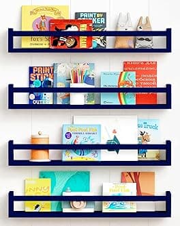 Forbena Wall Book Shelf Organizer for Kids Room Set of 4, Large Floating Bookshelves for Baby Boy Nursery Wall Deocr, 24 Inches Wall Mount Bookshelf for Toddler Child Teen Boys Bedroom (Navy Blue)